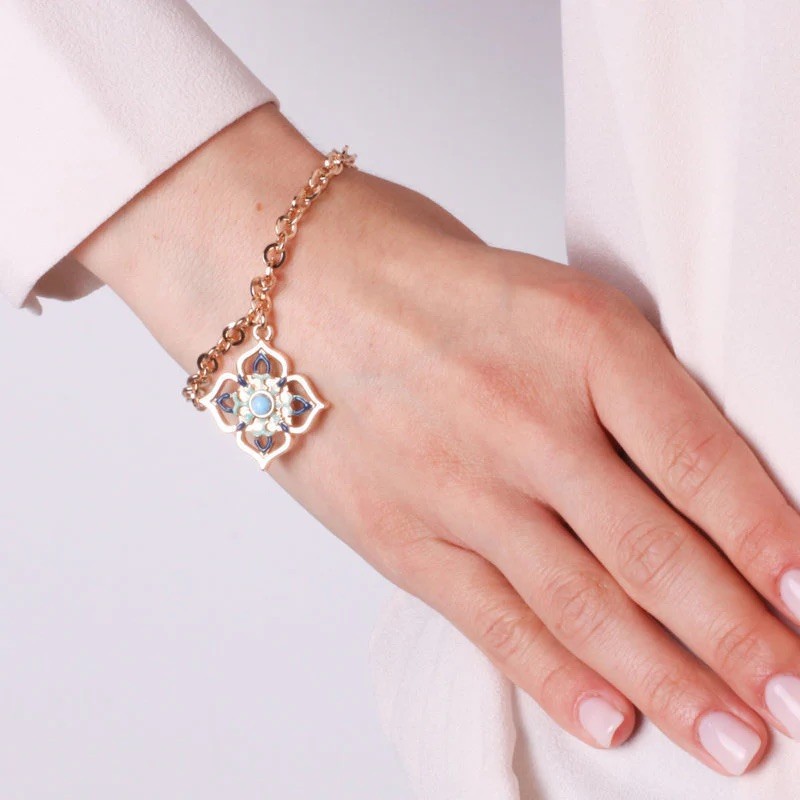 I Love Sicily - BYS - Bracciale in metallo con maiolica blu e azzurra pendente