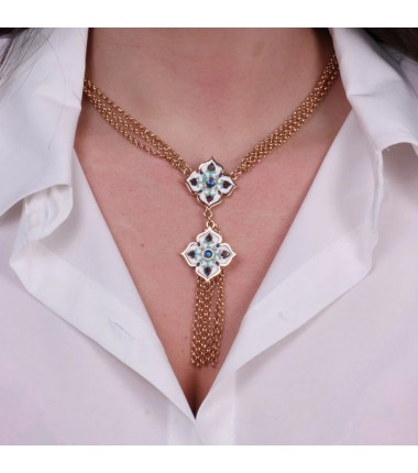 I Love Sicily - BYS - Collana in metallo con maioliche bianche, blu e azzurre e frange pendenti