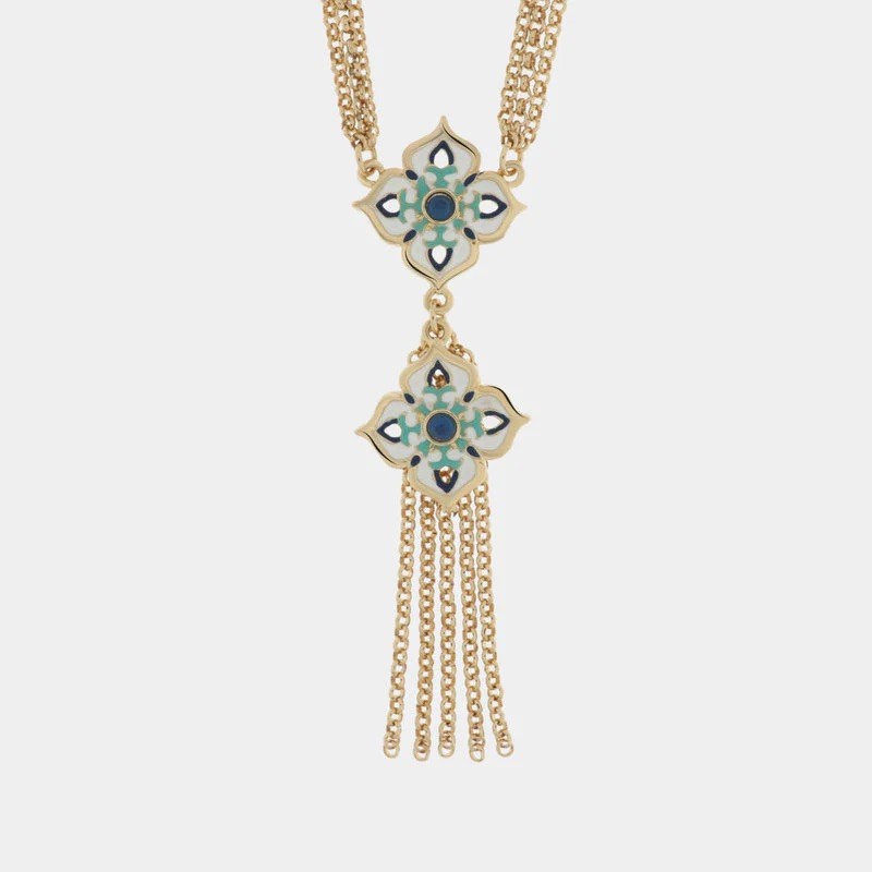 I Love Sicily - BYS - Collana in metallo con maioliche bianche, blu e azzurre e frange pendenti