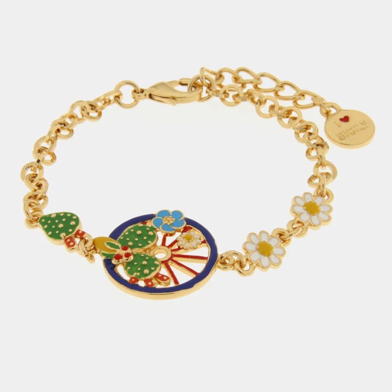 I Love Sicily - BYS - Metal bracelet with blue wheel embellished with prickly pears and flowers