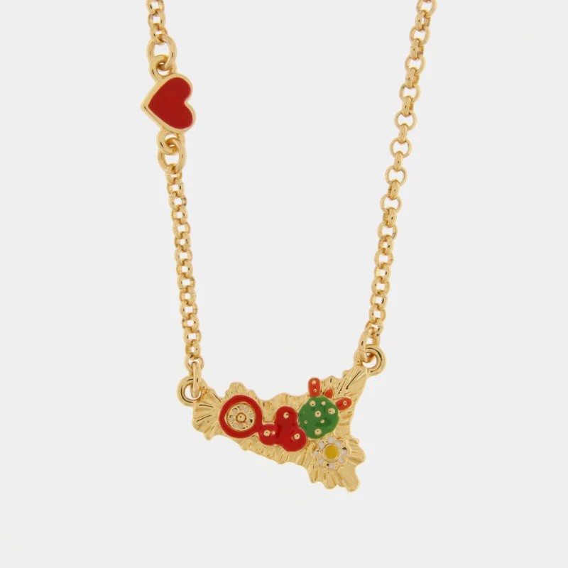 I Love Sicily - BYS - Metal necklace heart and Sicily with prickly pears