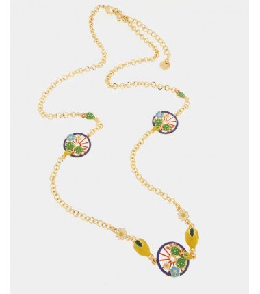 I Love Sicily - BYS - Long metal necklace with blue wheels embellished with lemons and prickly pears