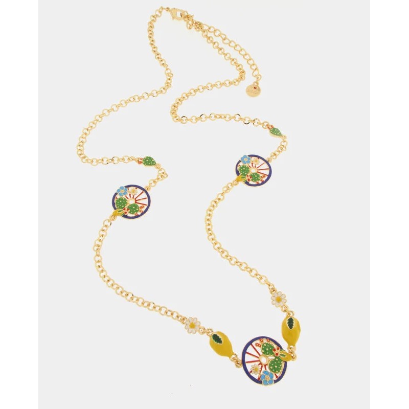 I Love Sicily - BYS - Collana lunga in metallo con ruote blu con limoni e fichi d'india