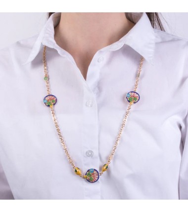 I Love Sicily - BYS - Long metal necklace with blue wheels embellished with lemons and prickly pears