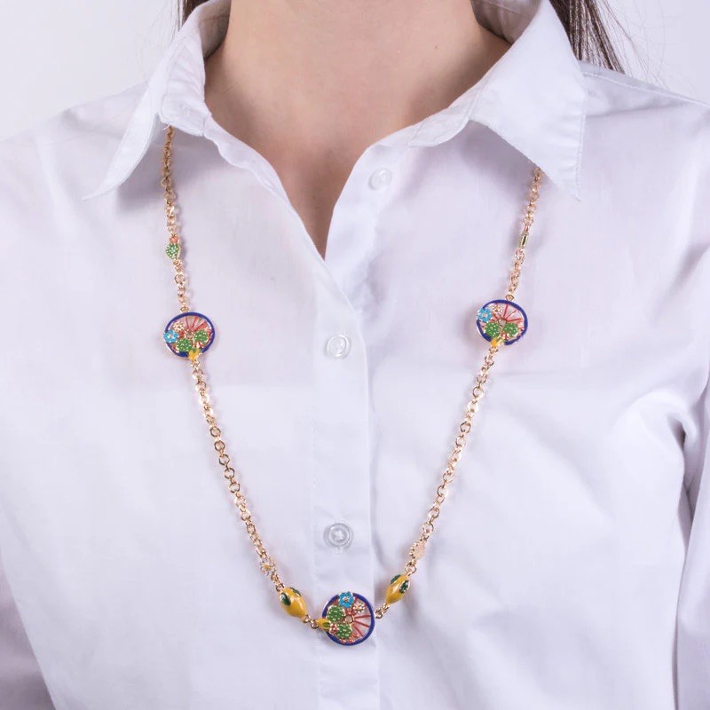I Love Sicily - BYS - Long metal necklace with blue wheels embellished with lemons and prickly pears