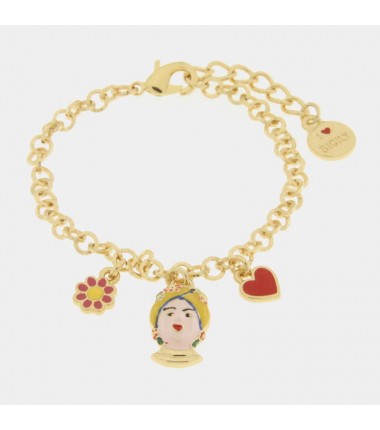I Love Sicily - BYS - Bracciale in metallo con testa di moro gialla, fiore e cuore