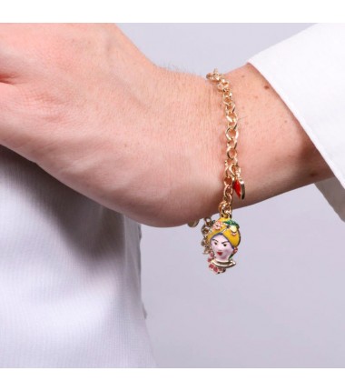 I Love Sicily - BYS - Bracciale in metallo con testa di moro gialla, fiore e cuore