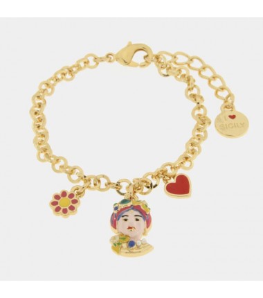 I Love Sicily - BYS - Metal bracelet with pink Moor's head, flower and heart