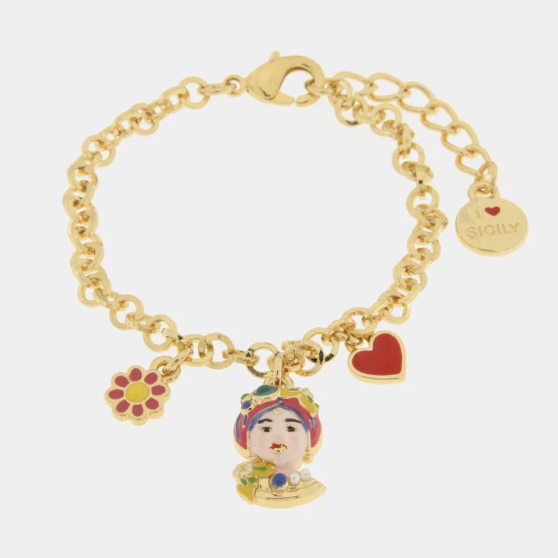 I Love Sicily - BYS - Bracciale in metallo con testa di moro rosa, fiore e cuore