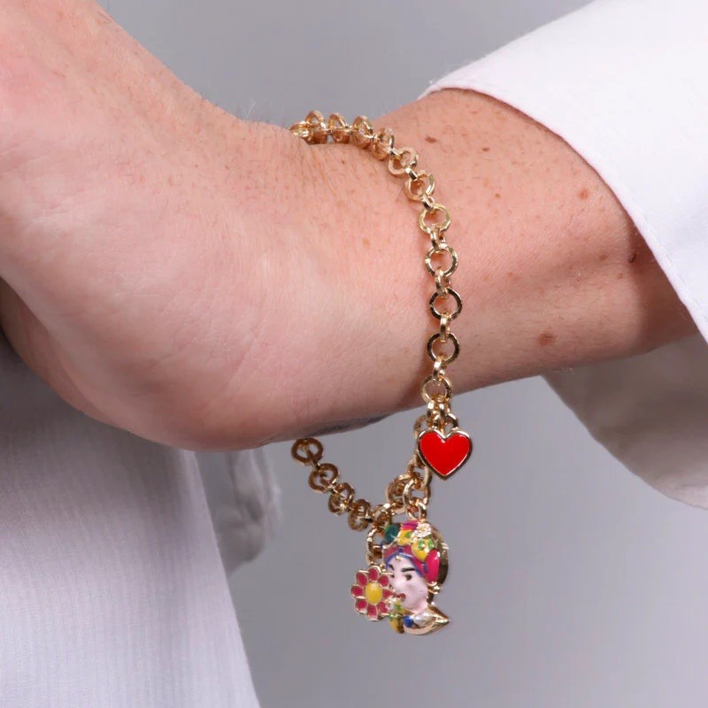 I Love Sicily - BYS - Bracciale in metallo con testa di moro rosa, fiore e cuore