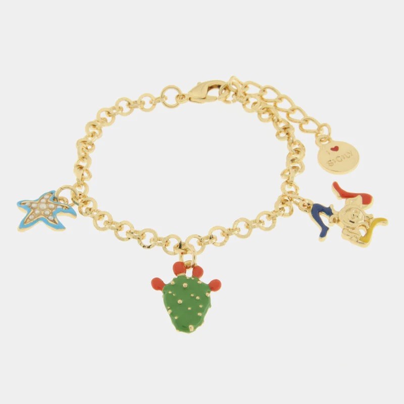 I Love Sicily - BYS - Bracciale in metallo con stella marina, fico d'india e Trinacria