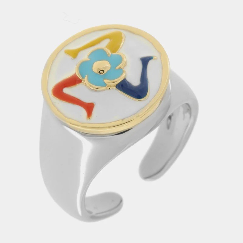 I Love Sicily - BYS - Metal ring with trinacria and light blue flower