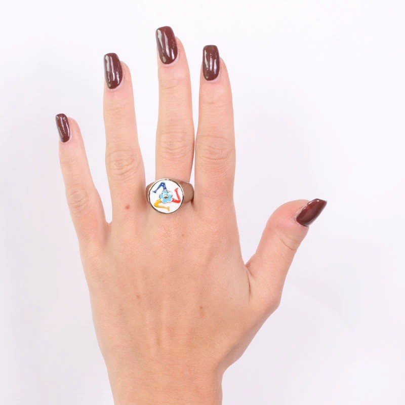 I Love Sicily - BYS - Anello in metallo con trinacria, fiore azzurro e bordo dorato