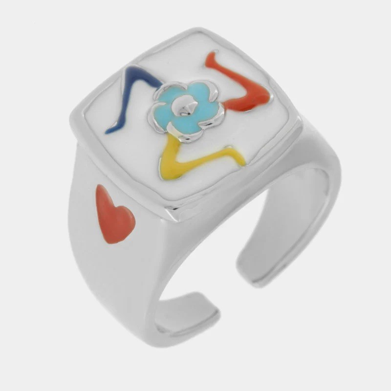I Love Sicily - BYS - Metal square ring with trinacria and light blue flower
