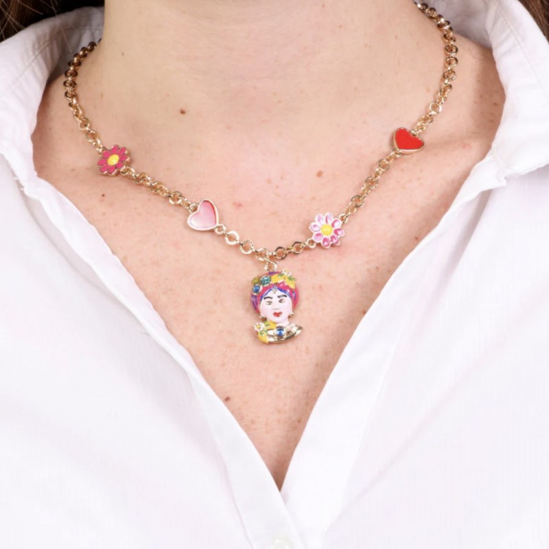 I Love Sicily - BYS - Metal necklace with pink Moor's head, flowers and hearts