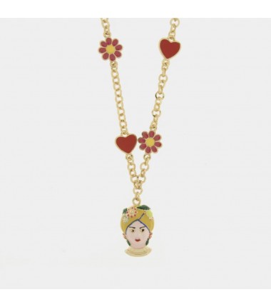 I Love Sicily - BYS - Collana in metallo con testa di moro gialla, fiori e cuori