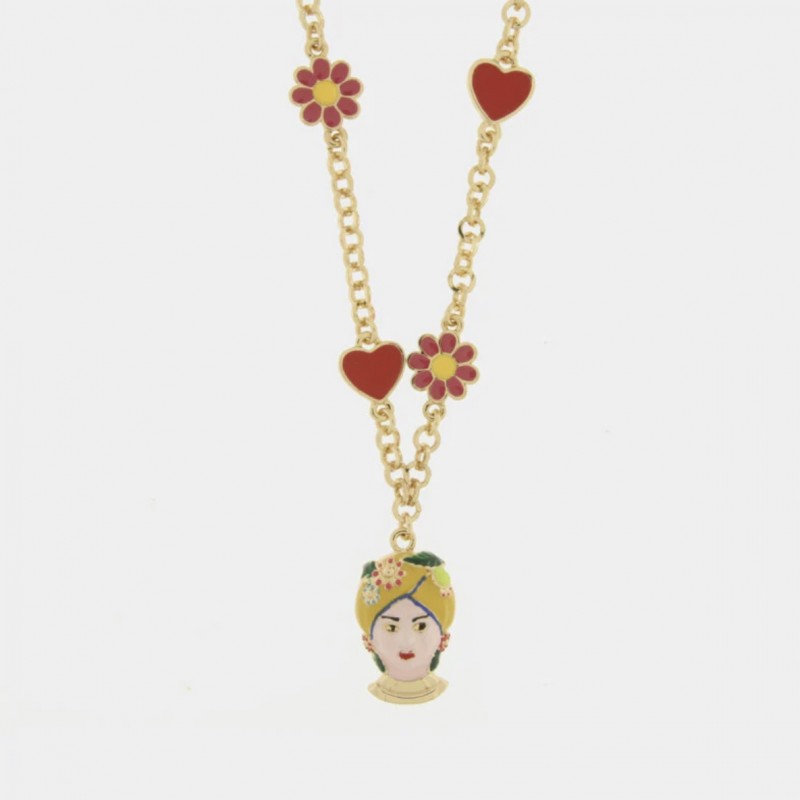 I Love Sicily - BYS - Metal necklace with yellow Moor's head, flowers and hearts