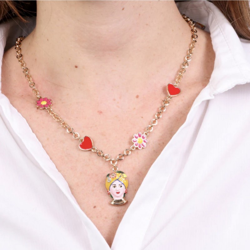 I Love Sicily - BYS - Metal necklace with yellow Moor's head, flowers and hearts