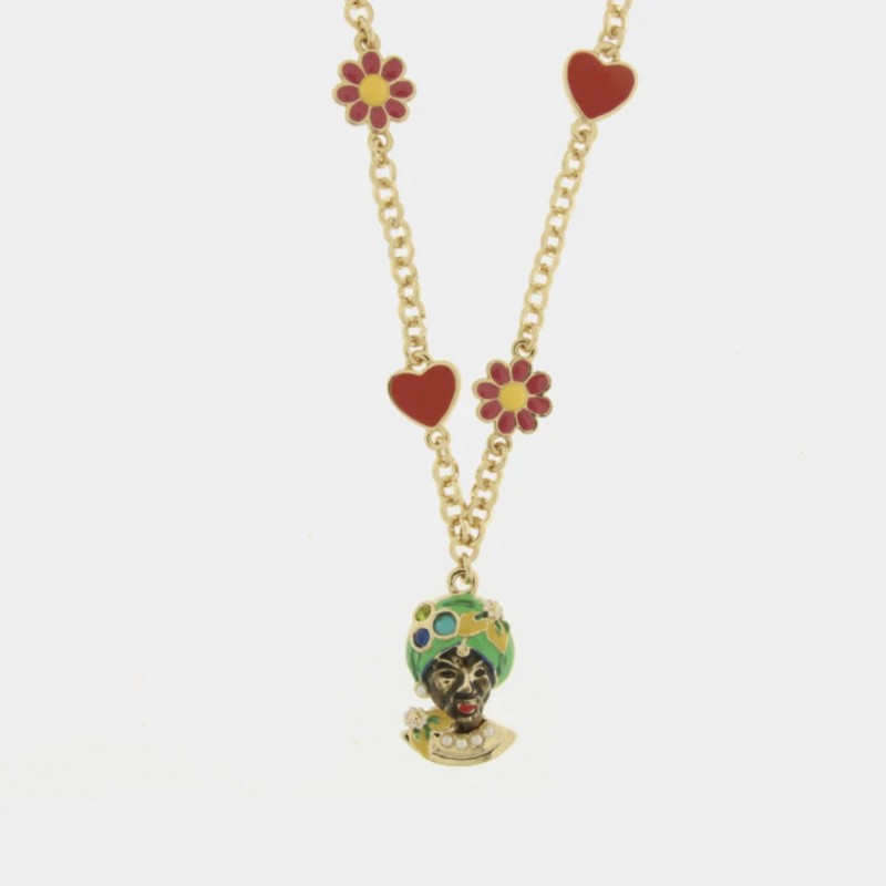 I Love Sicily - BYS - Metal necklace with green Moor's head, flowers and hearts