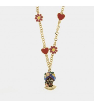 I Love Sicily - BYS - Metal necklace with blue Moor's head, flowers and hearts