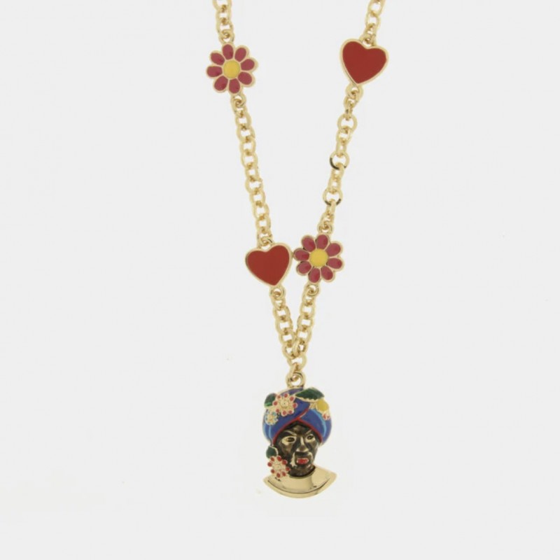 I Love Sicily - BYS - Metal necklace with blue Moor's head, flowers and hearts