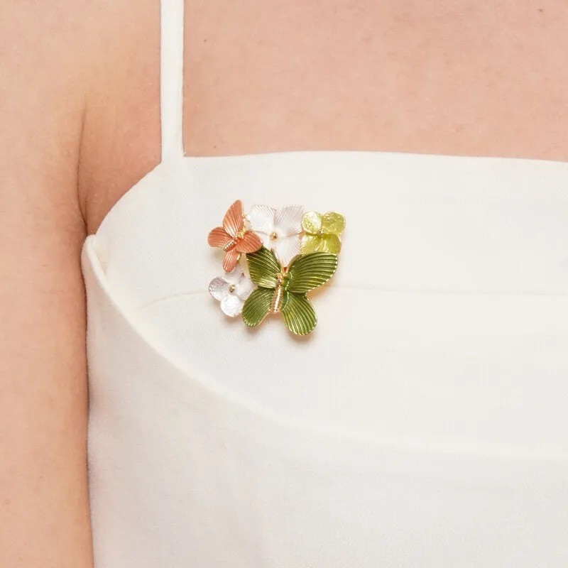BYS - Spilla in metallo con fiori e farfalle
