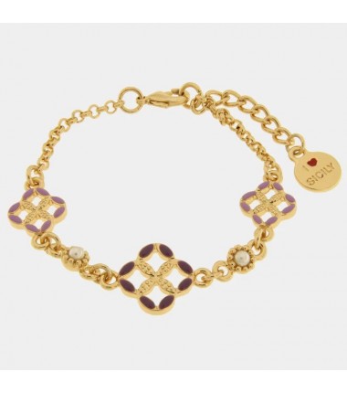 I Love Sicily - BYS - Bracciale in metallo con maioliche viola e lilla e perle