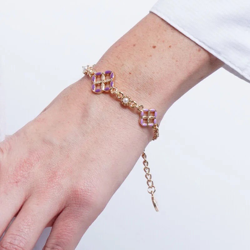 I Love Sicily - BYS - Bracciale in metallo con maioliche viola e lilla e perle