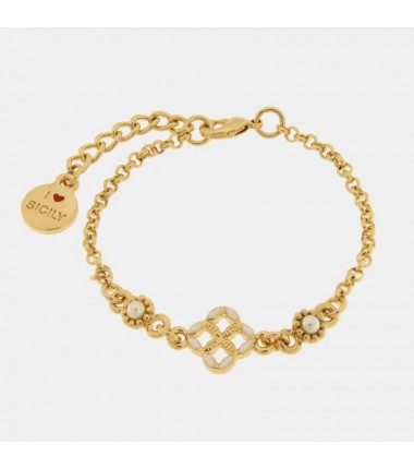 I Love Sicily - BYS - Bracciale in metallo con maiolica bianca e perle