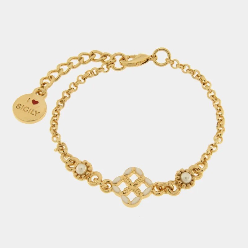I Love Sicily - BYS - Metal bracelet with white majolica and pearls