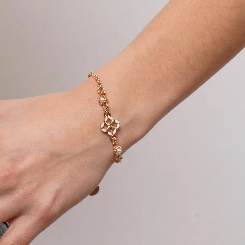 I Love Sicily - BYS - Bracciale in metallo con maiolica bianca e perle