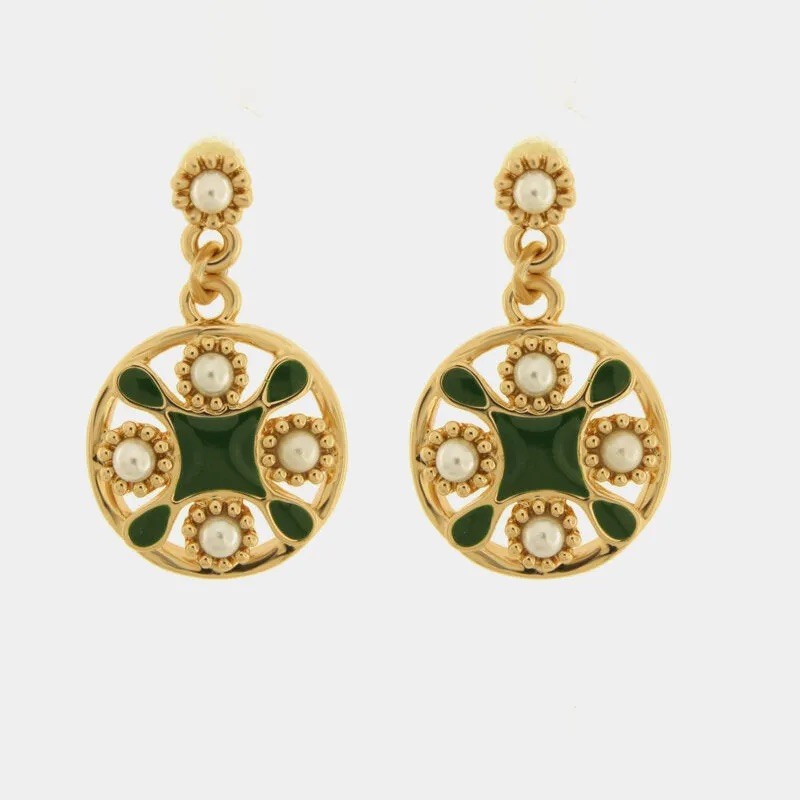 I Love Sicily - BYS - Metal earrings with green majolica and pearls