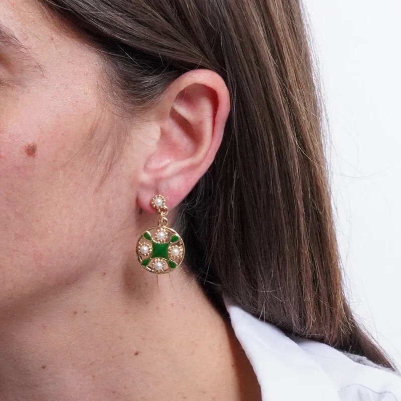 I Love Sicily - BYS - Metal earrings with green majolica and pearls