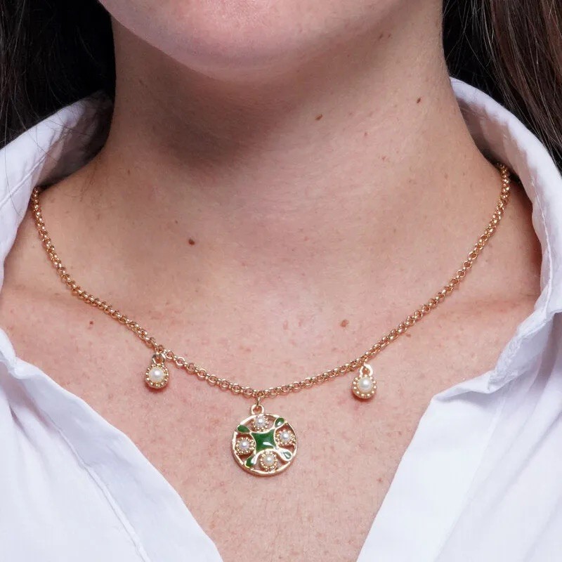 I Love Sicily - BYS - Metal necklace with green majolica and pearls