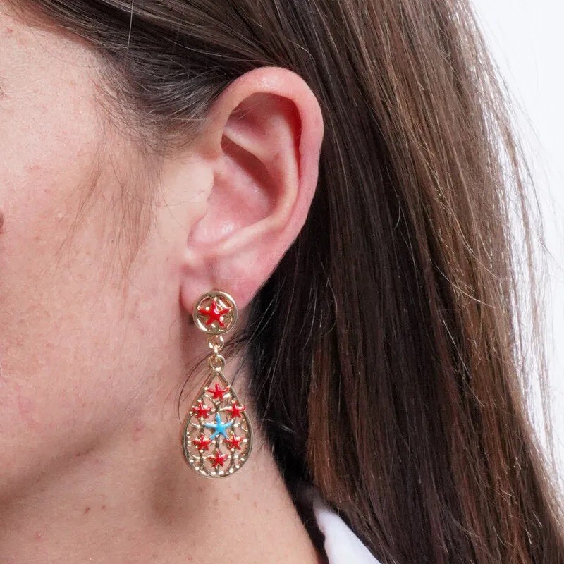 I Love Sicily - BYS - Metal drop-shaped earrings with red and blue stars majolica