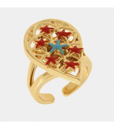 I Love Sicily - BYS - Anello in metallo con maiolica a stella rosse e azzurre