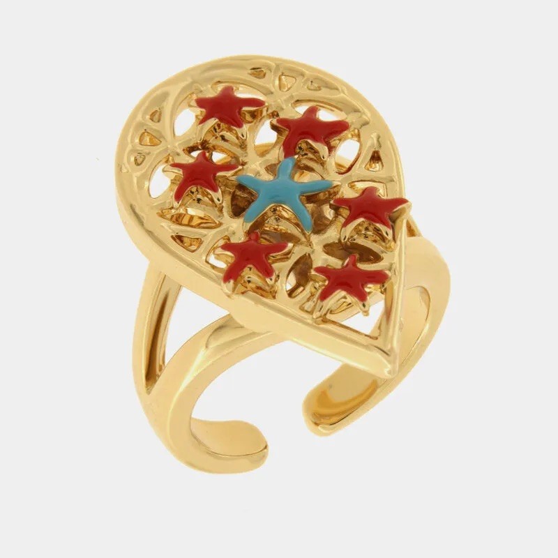 I Love Sicily - BYS - Anello in metallo con maiolica a stella rosse e azzurre