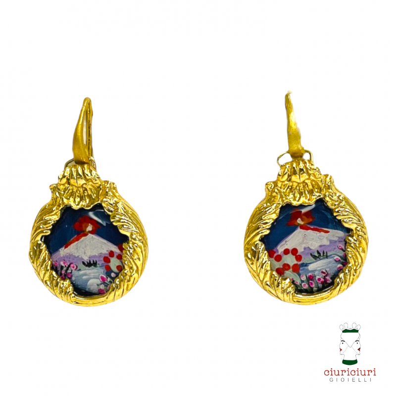 Small BAROQUE earrings ETNA volcano blue background