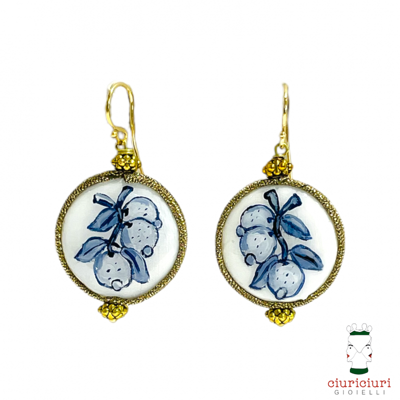 MOTHER OF PEARL medium earrings LEMONS blue and white