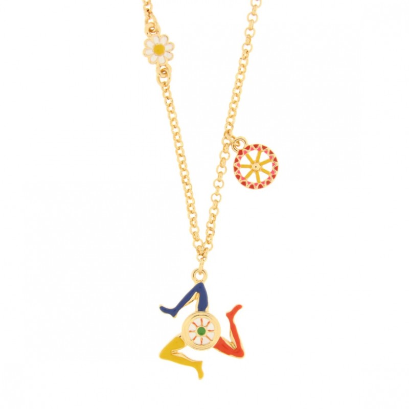 I Love Sicily - BYS - Collana in metallo con Trinacria e ruota carretto
