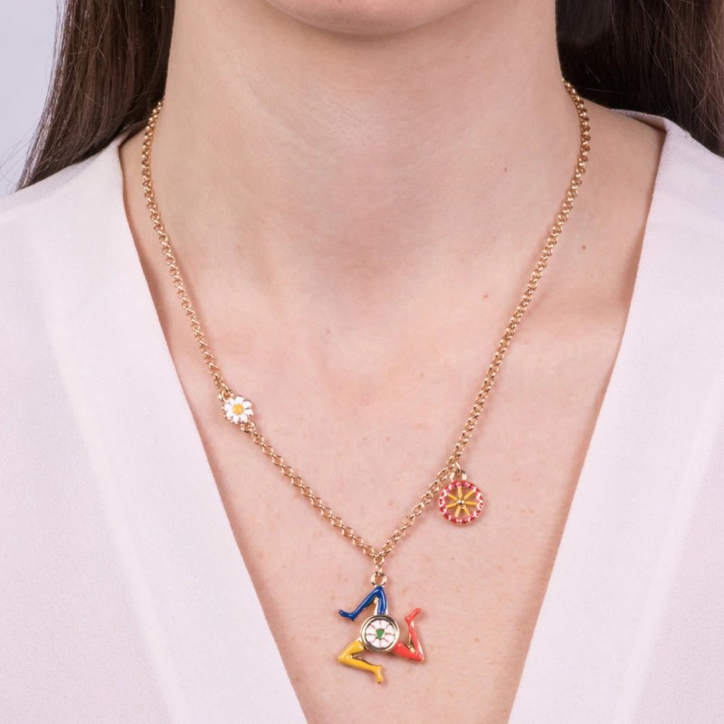 I Love Sicily - BYS - Metal necklace with Trinacria and cart wheel