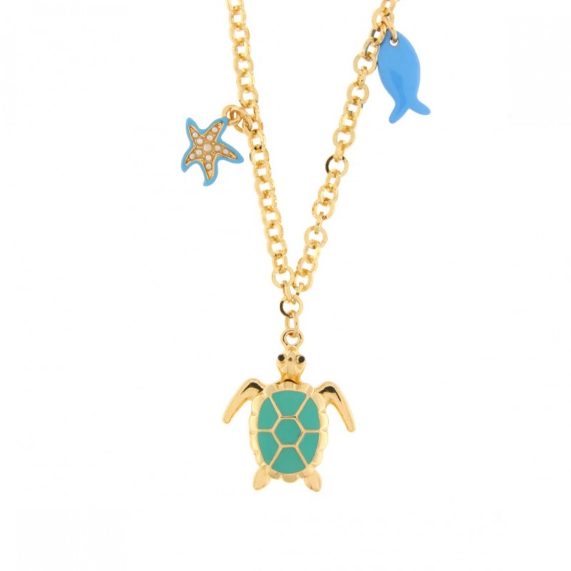 I Love Sicily - BYS - Collana in metallo con tartaruga verde, pesce e stella marina