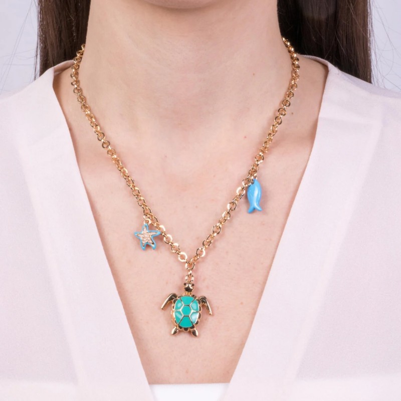 I Love Sicily - BYS - Metal necklace with green turtle, fish and starfish