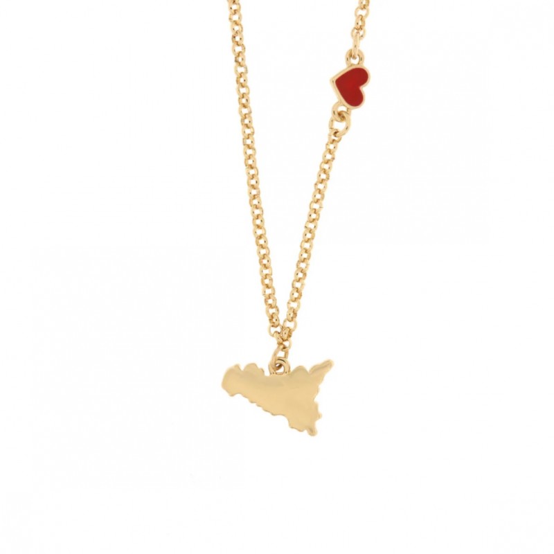 I Love Sicily - BYS - Collana in metallo con Sicilia pendente e cuoricino