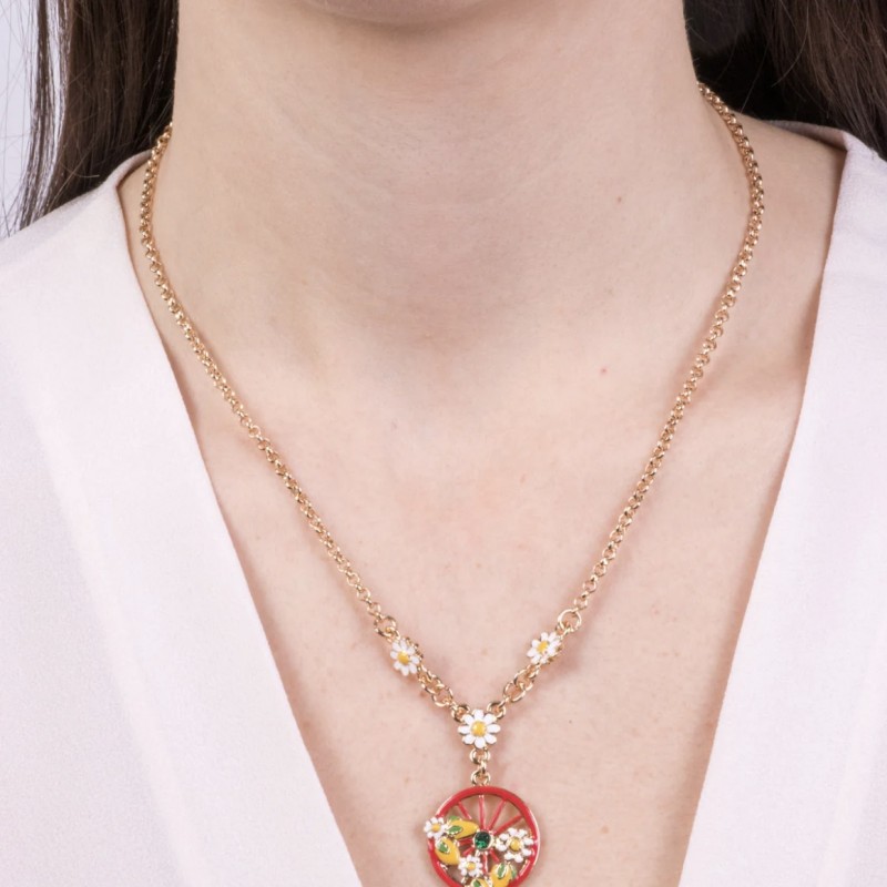 I Love Sicily - BYS - Collana in metallo con ruota rossa con limoni e fiori