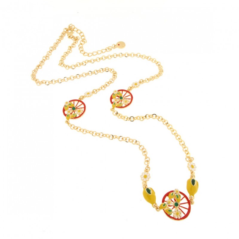 I Love Sicily - BYS - Collana lunga in metallo con ruote rosse con limoni e fiori
