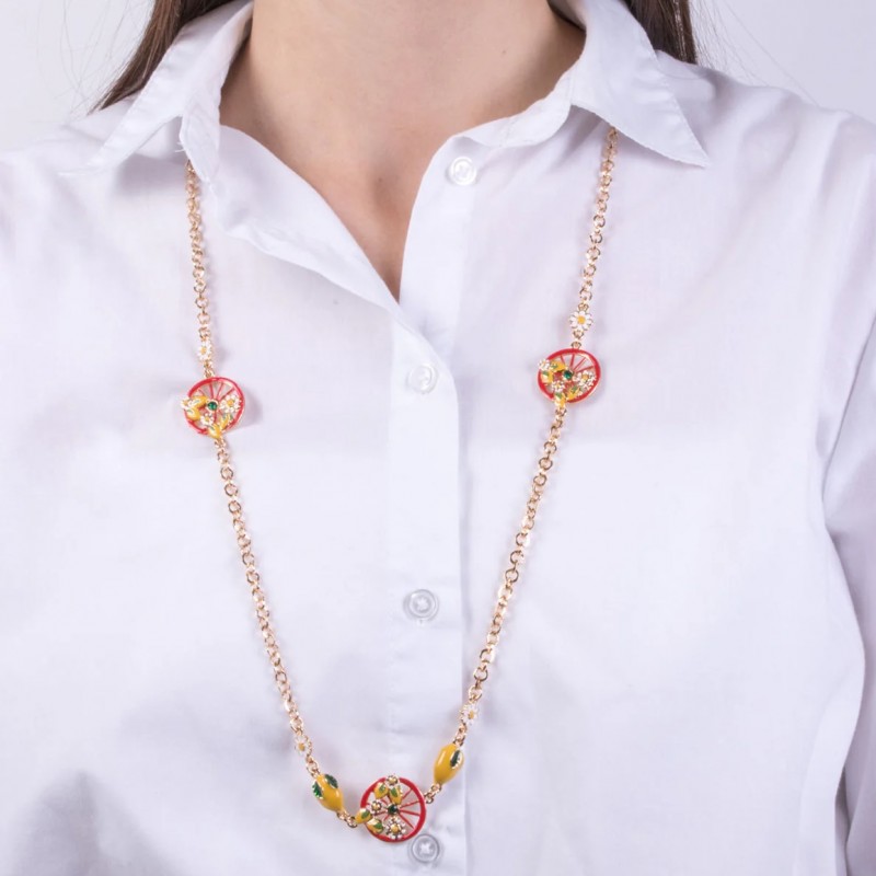 I Love Sicily - BYS - Long metal necklace with red wheels embellished with lemons and flowers