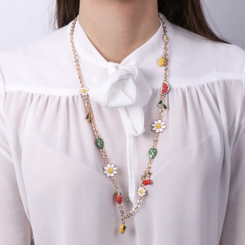 I Love Sicily - BYS - Long metal necklace with fruit and daisies
