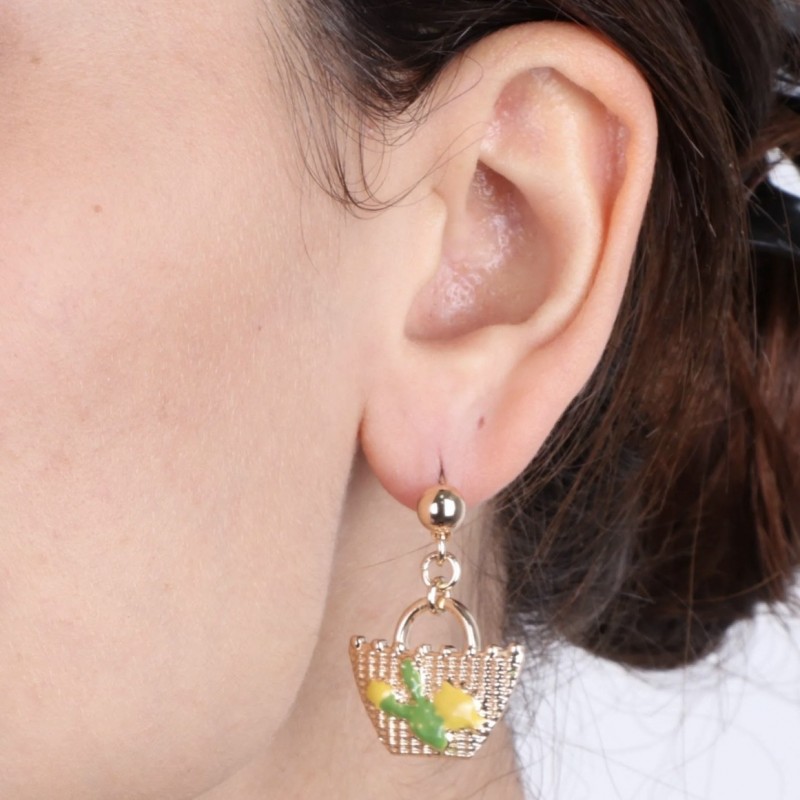 I Love Sicily - BYS - Metal earrings with sicilian basket, prickly pear and lemons