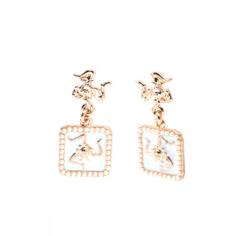 I Love Sicily - BYS - Metal earrings with pendant tile white trinacria